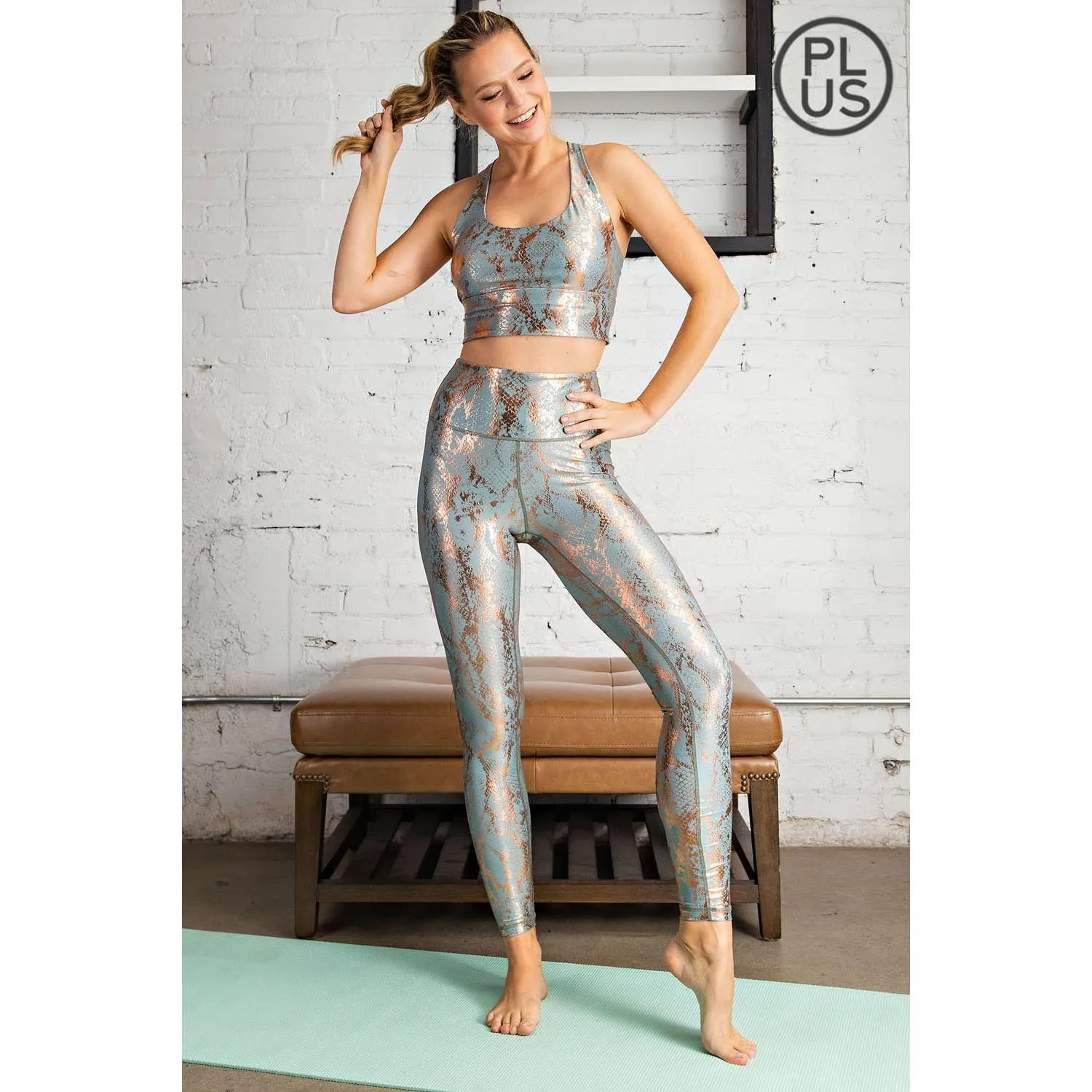 Antique Sage Snake Print Foil Leggings in CURVY