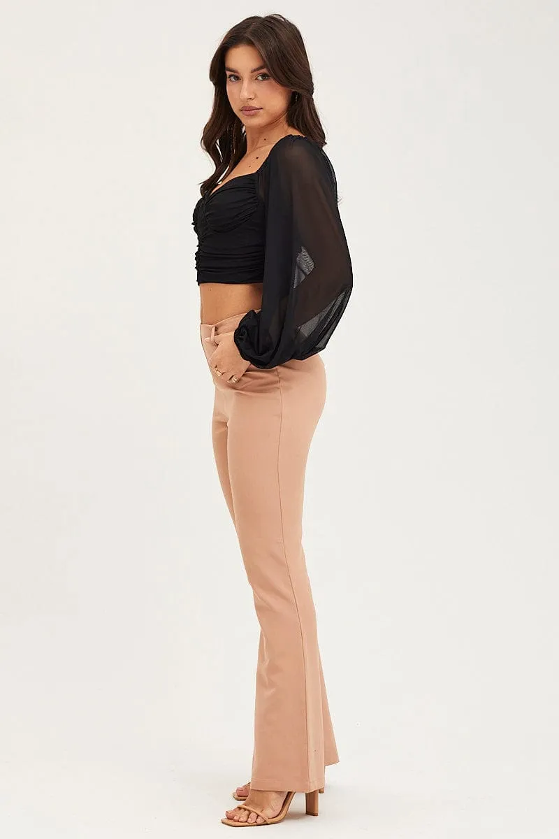 Beige Flare Pants Mid Rise