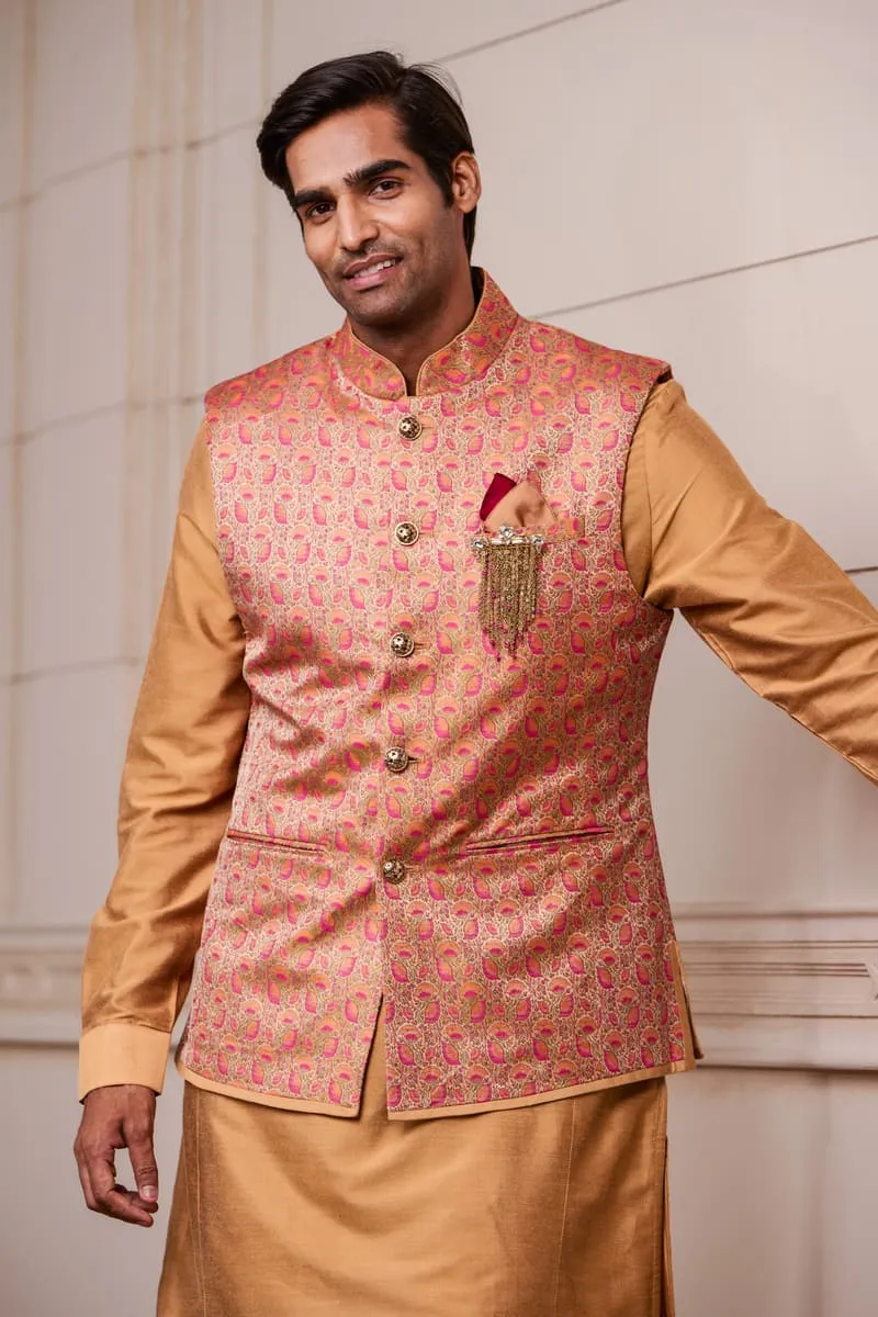 Beige Jacquard Kurta Bundi Set