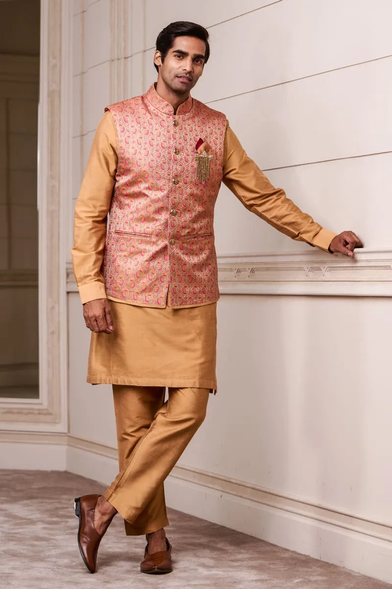 Beige Jacquard Kurta Bundi Set