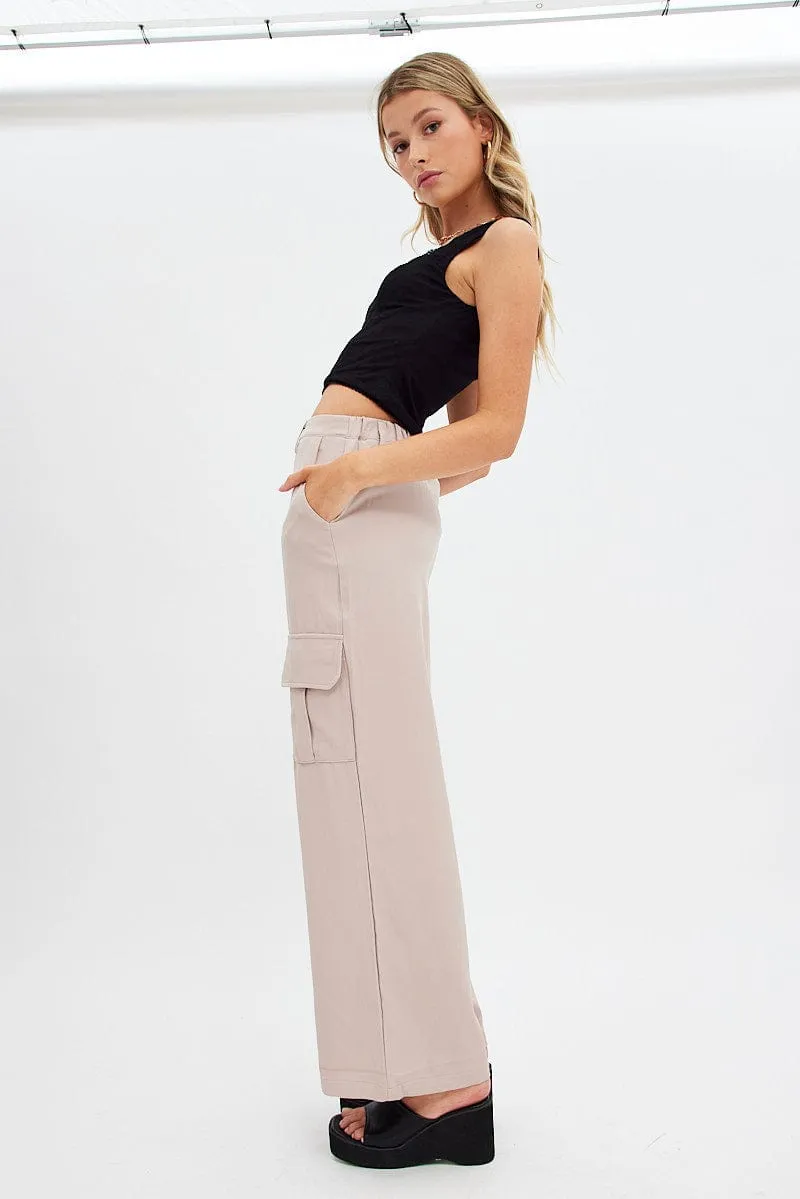 Beige Wide Leg Pants Cargo Pockets