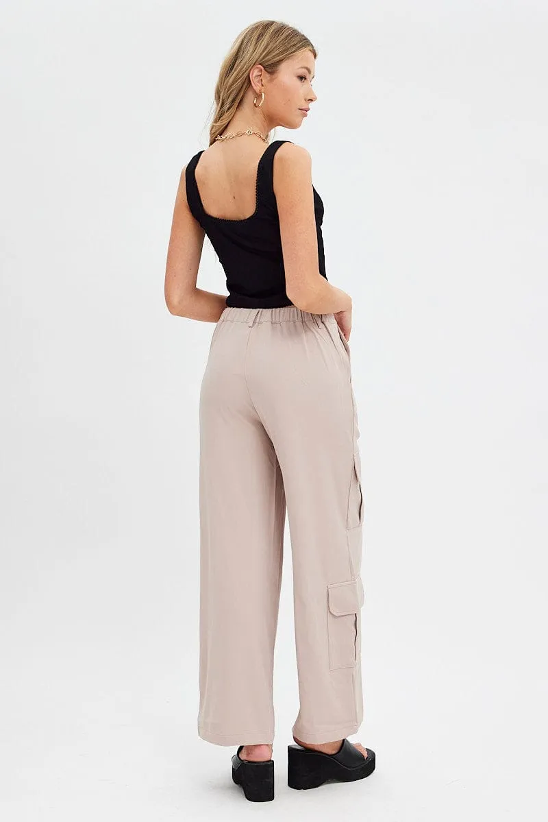 Beige Wide Leg Pants Cargo Pockets