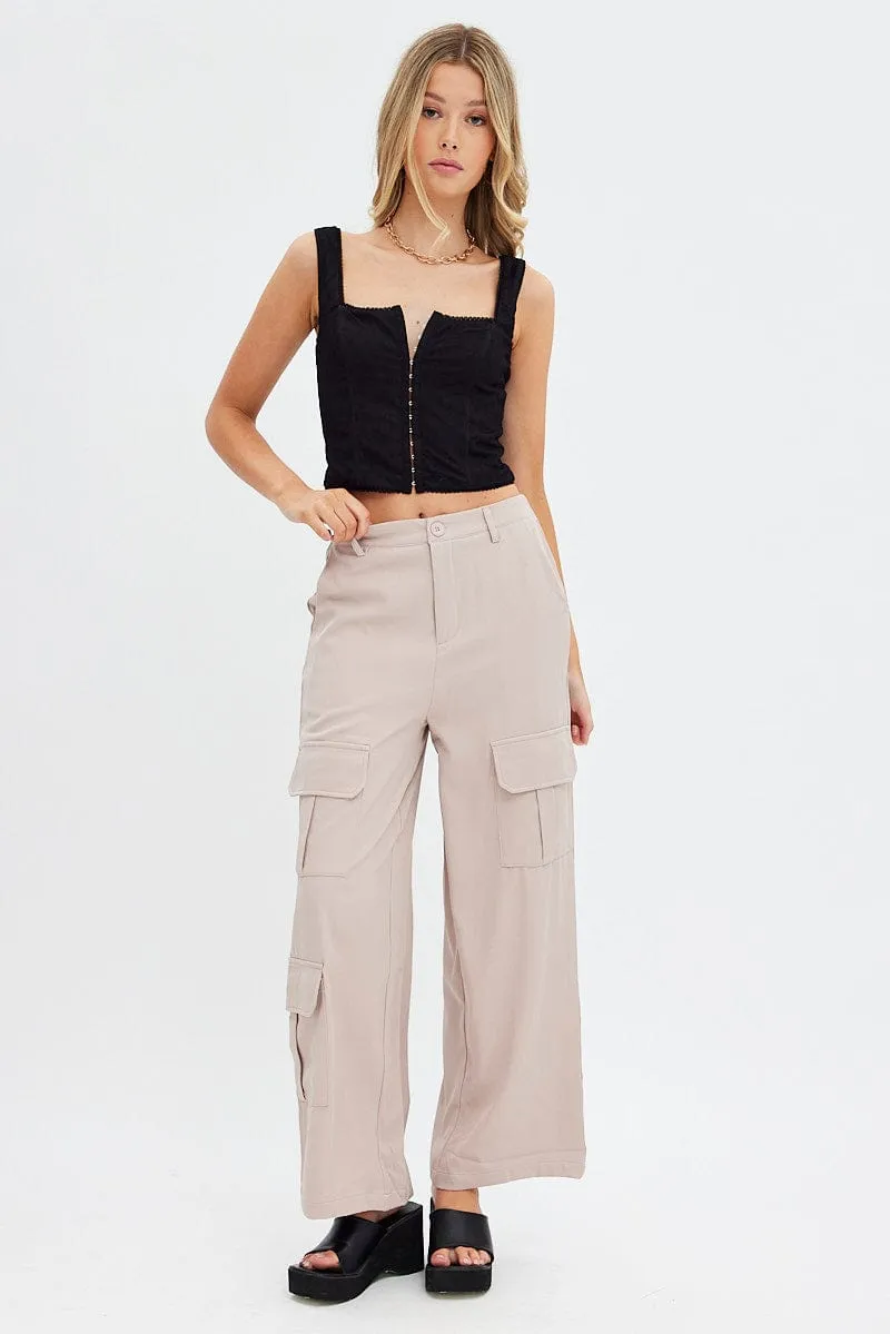 Beige Wide Leg Pants Cargo Pockets