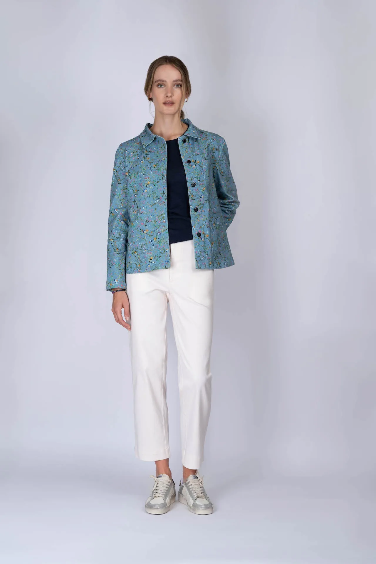 Blue botanical print cotton twill Pelli jacket