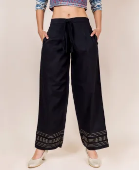 Cotton Embroidered Solid Black Palazzo Pants