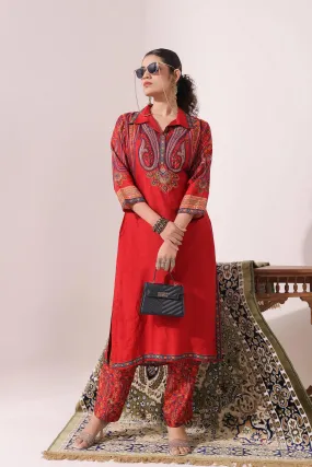 Crimson Red Traditional Printed Kurti With Pants Set