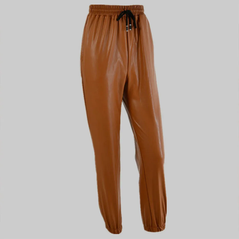 Elastic Drawstring Pockets Faux Leather Pants