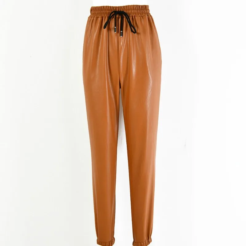 Elastic Drawstring Pockets Faux Leather Pants