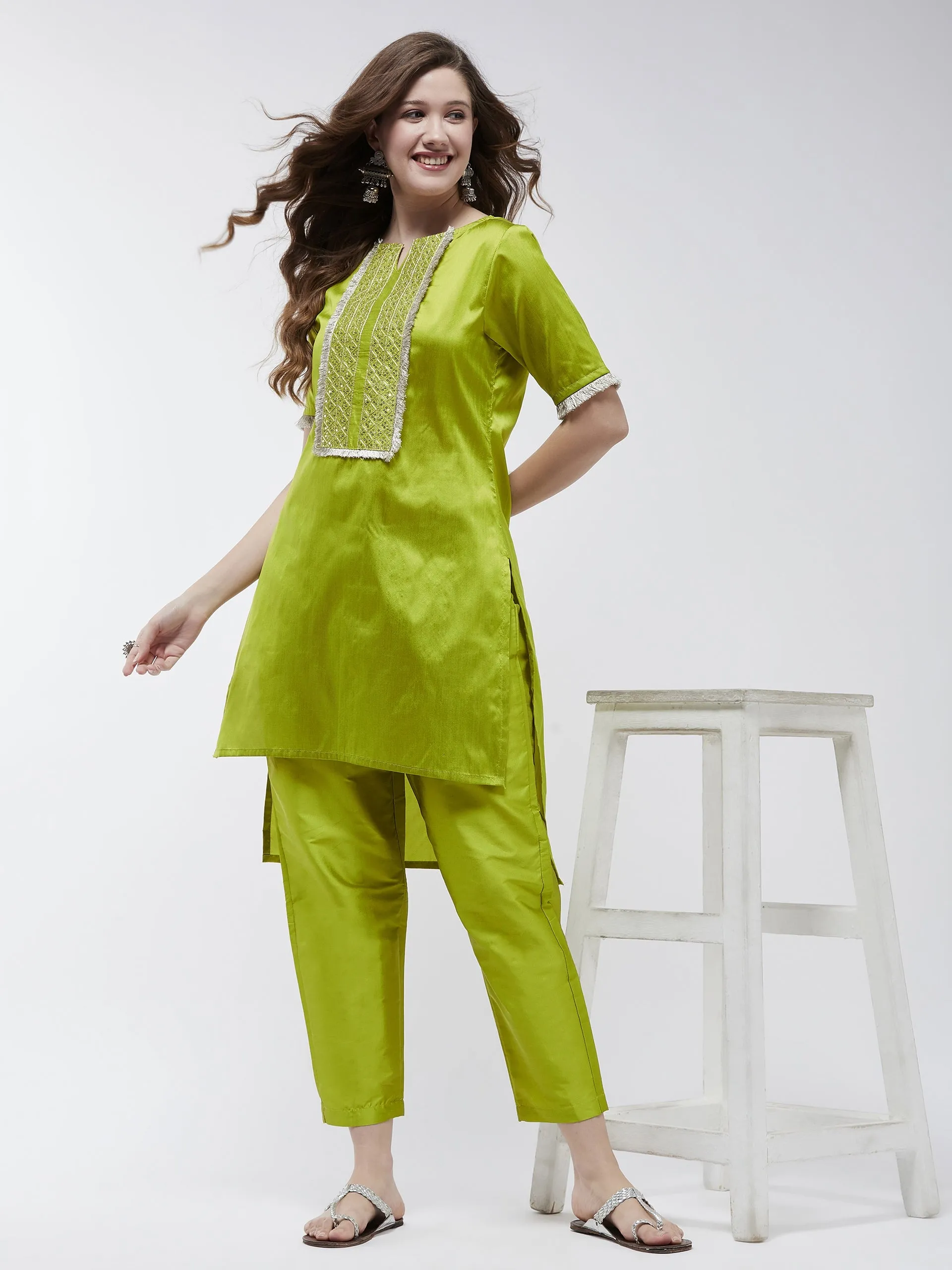 Festive Embroidered High-Low Kurta With Matching Pants