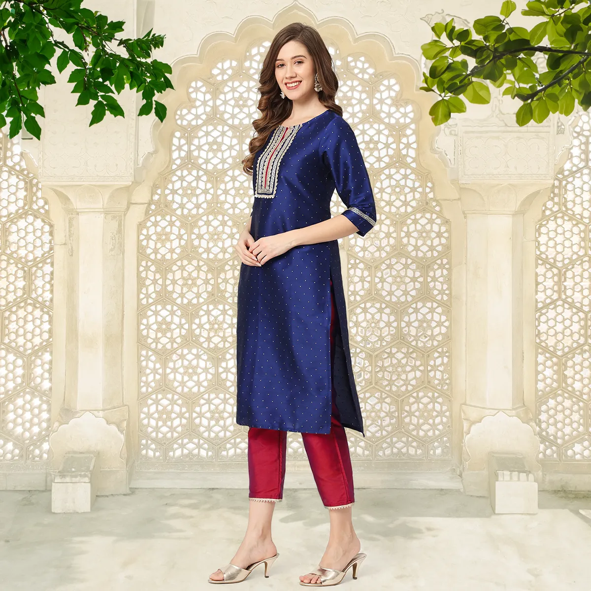 Festive Self Embroidered Buti Kurta With Contrasting Pants