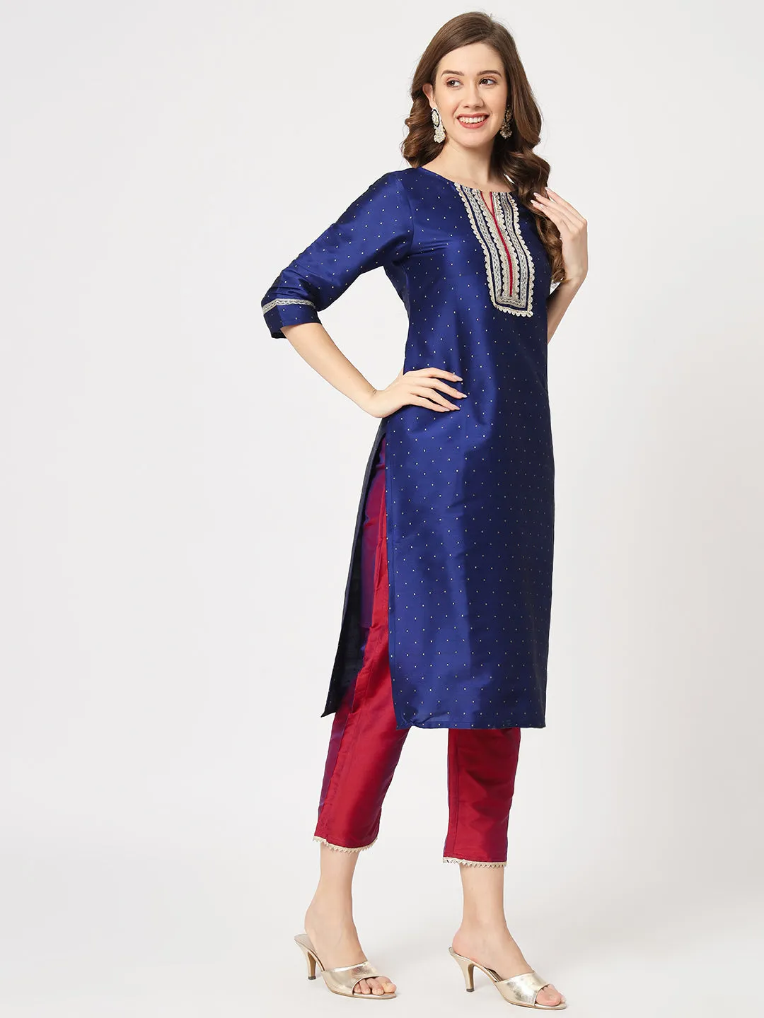 Festive Self Embroidered Buti Kurta With Contrasting Pants