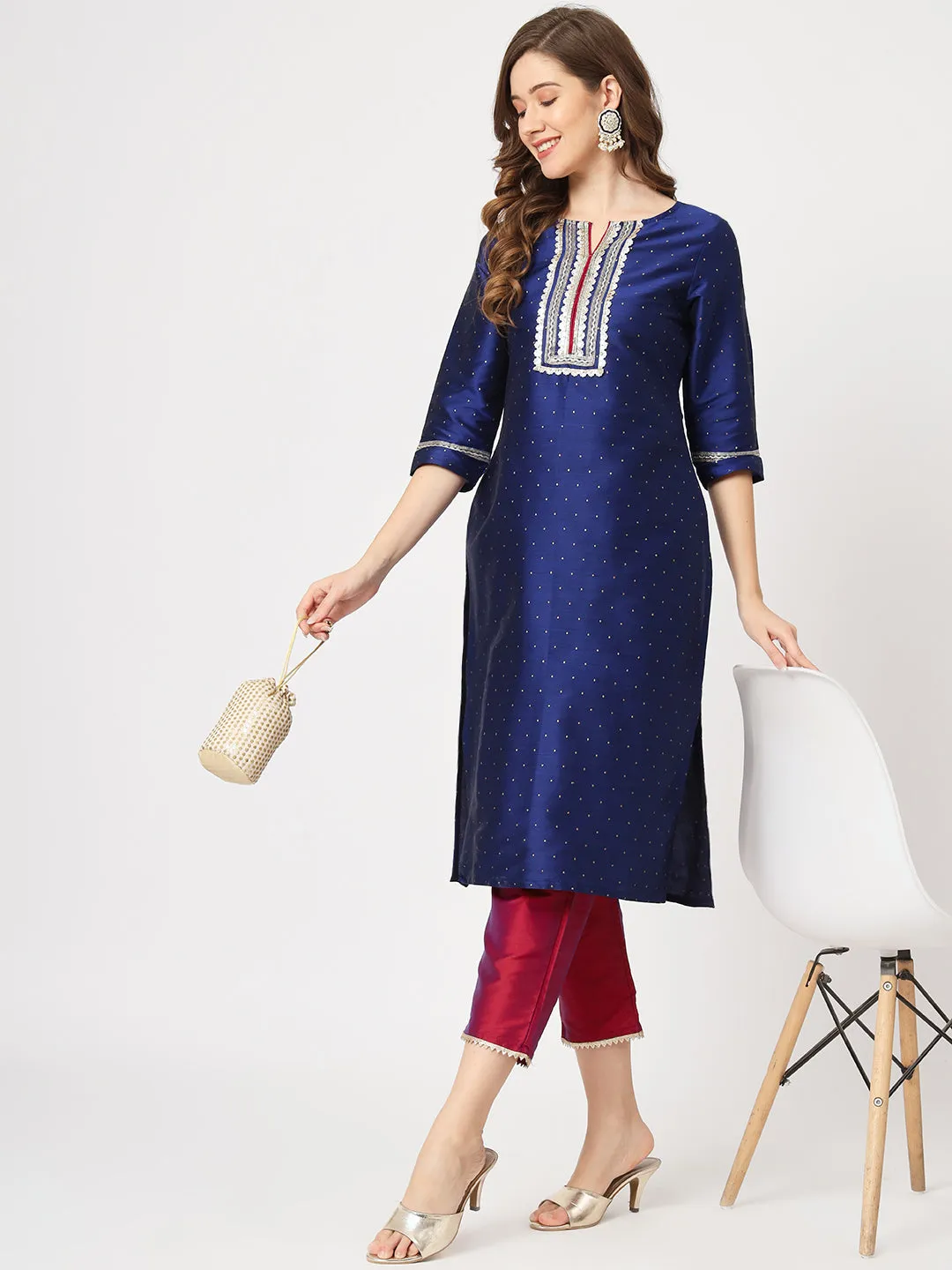 Festive Self Embroidered Buti Kurta With Contrasting Pants