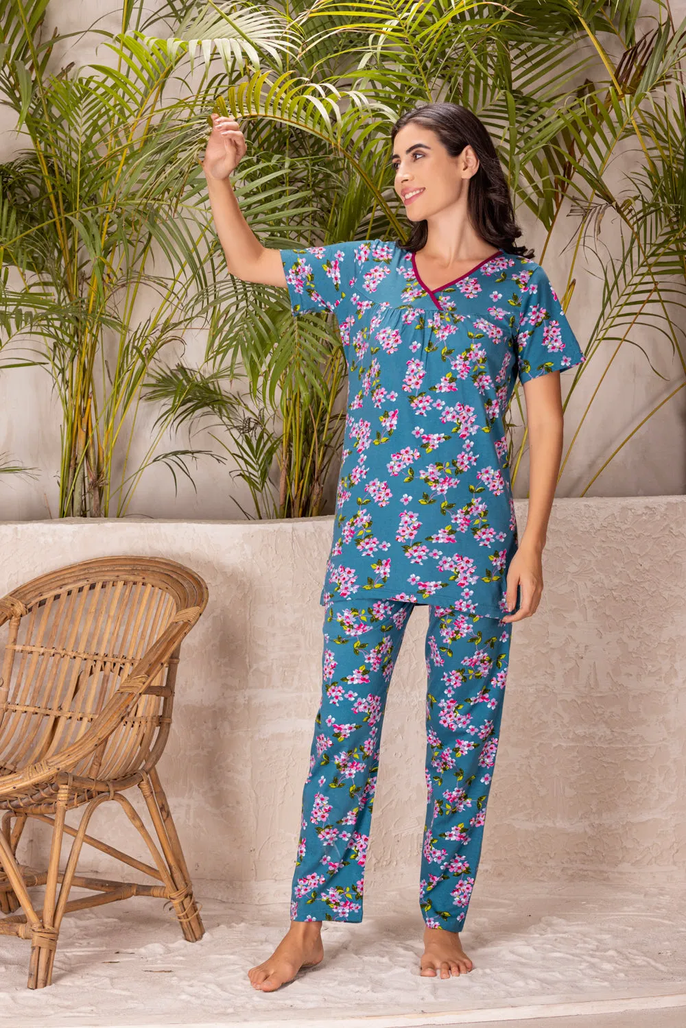 Floral Cotton night suit with Front Gathers