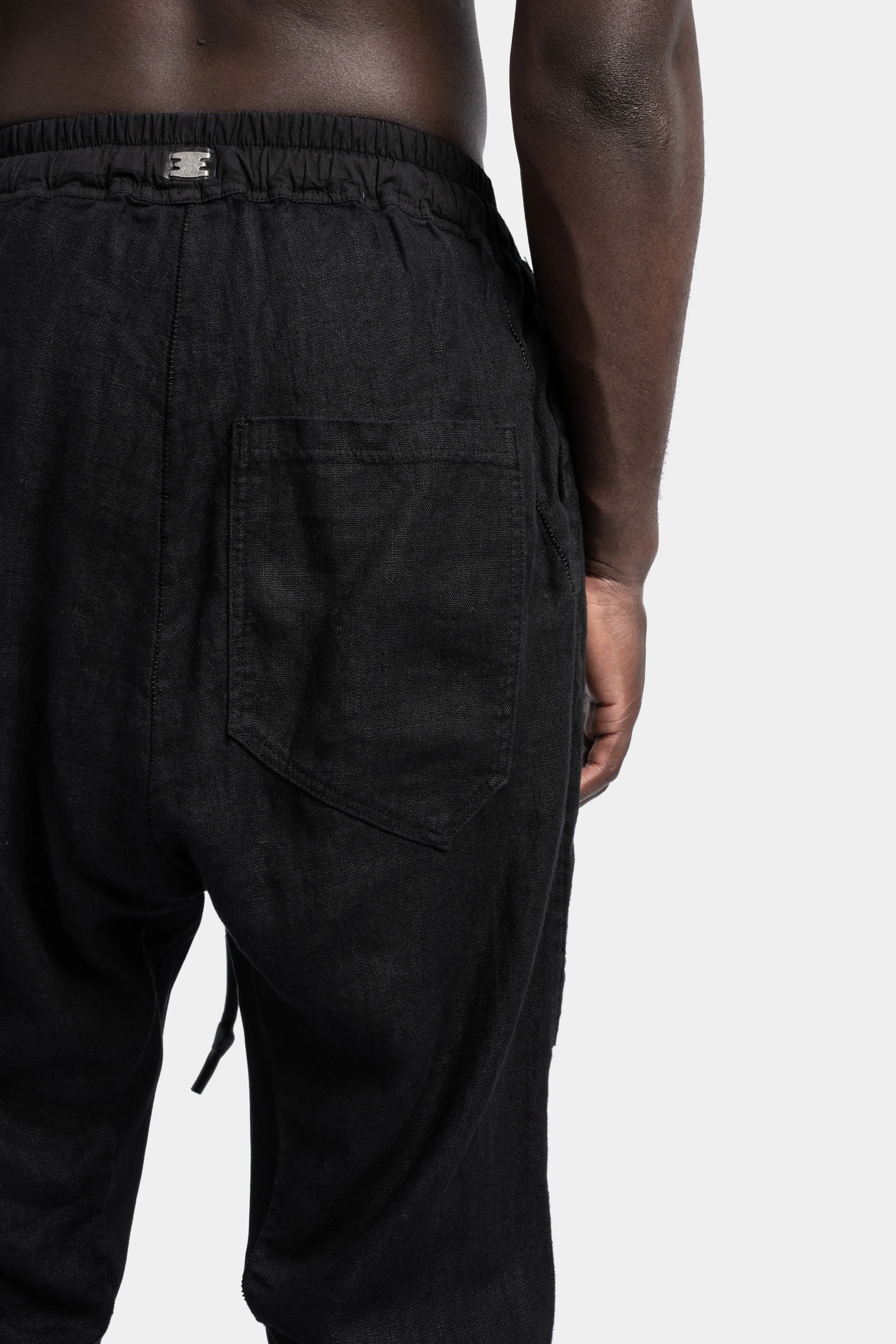 Low crotch gusset linen pants, Black