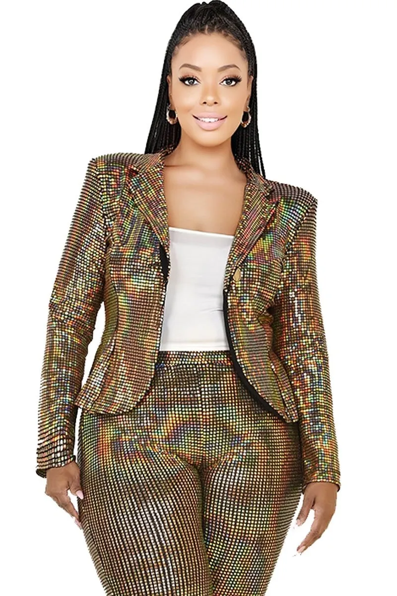 Plus Size Metallic Sequins 2 Piece Jacket And Pants Set