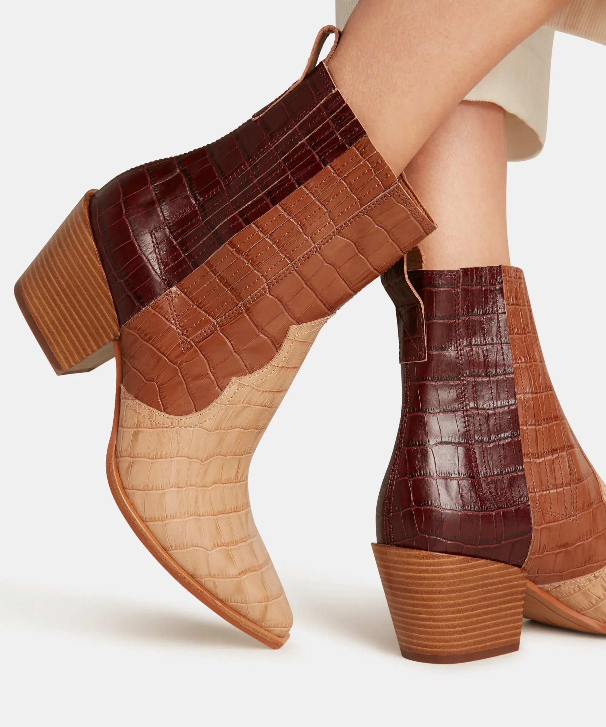 SERNA BOOTIES IN BROWN MULTI CROCO PRINT LEATHER - re:vita