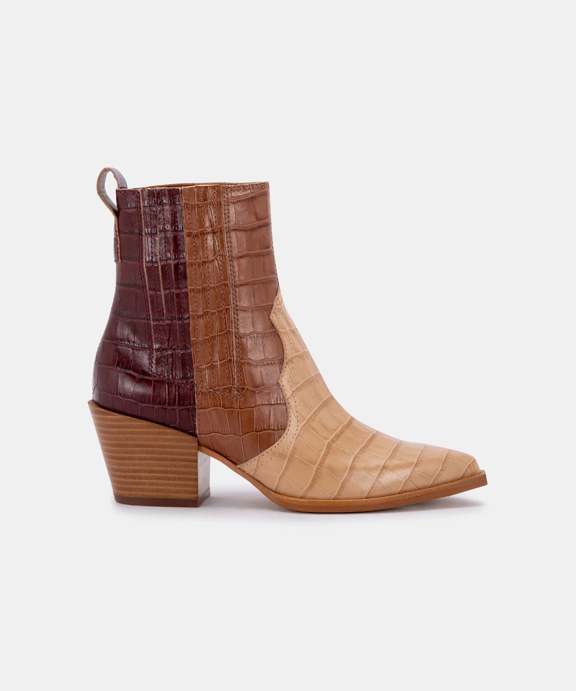 SERNA BOOTIES IN BROWN MULTI CROCO PRINT LEATHER - re:vita