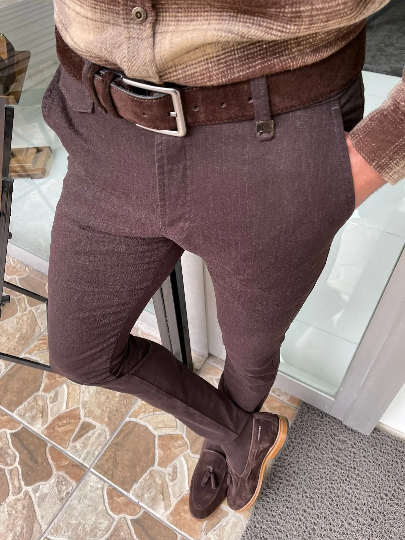 Slim Fit Side Pocket Navy Brown Pants