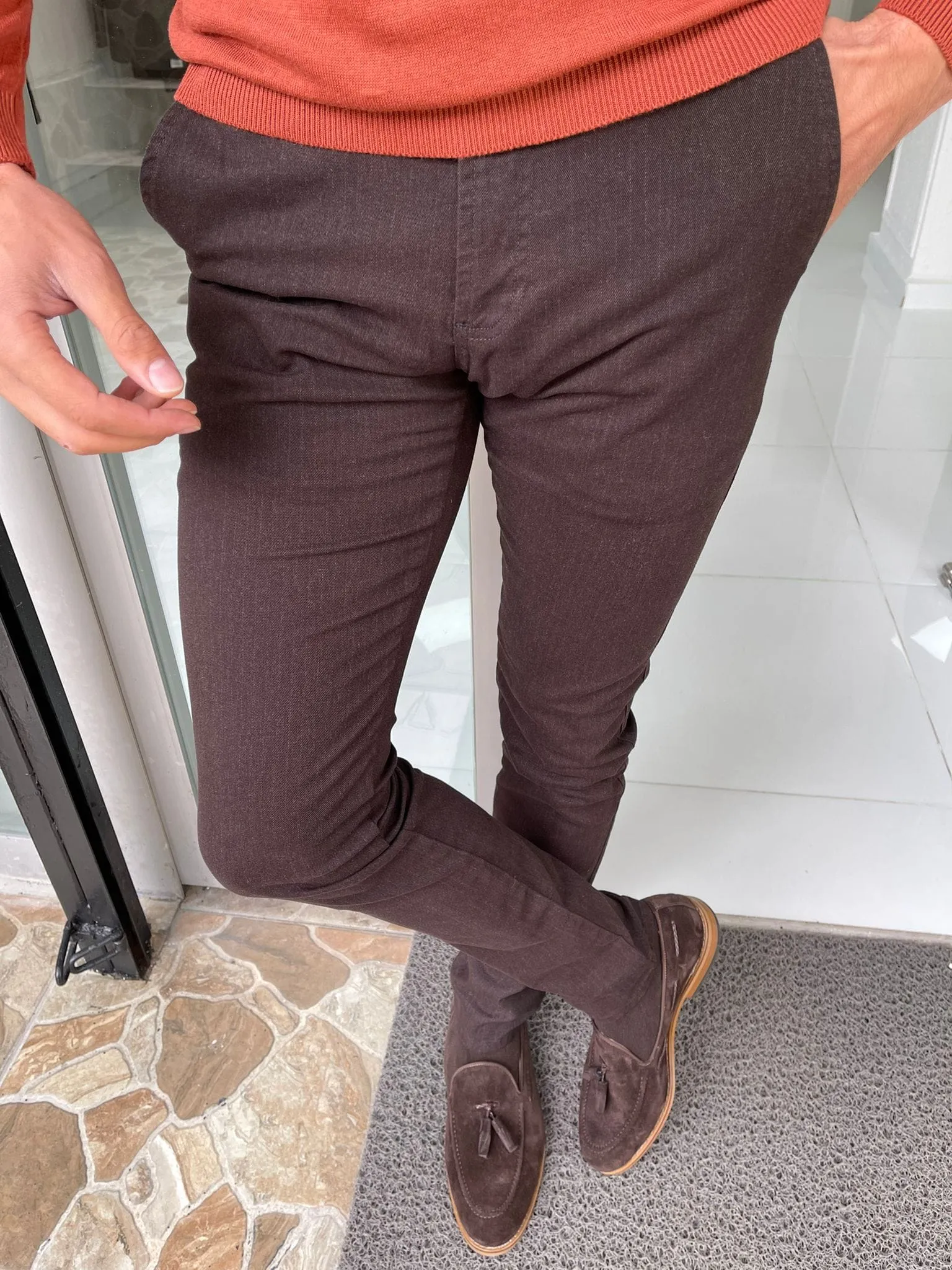 Slim Fit Side Pocket Navy Brown Pants