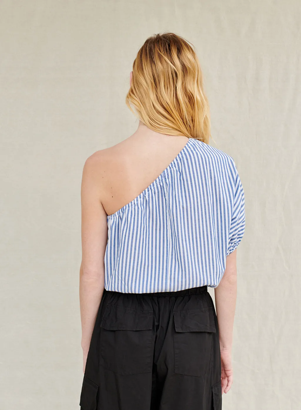 Stripe Poplin One-shoulder Top in Denim