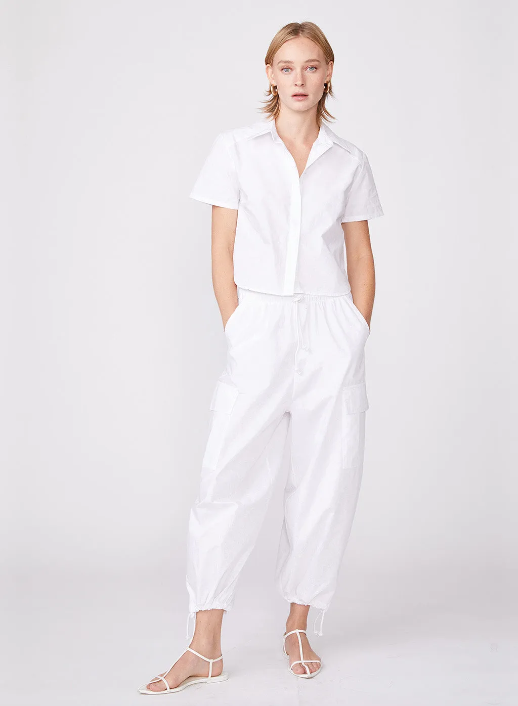 Structured Poplin Drawstring Cargo Pant in White