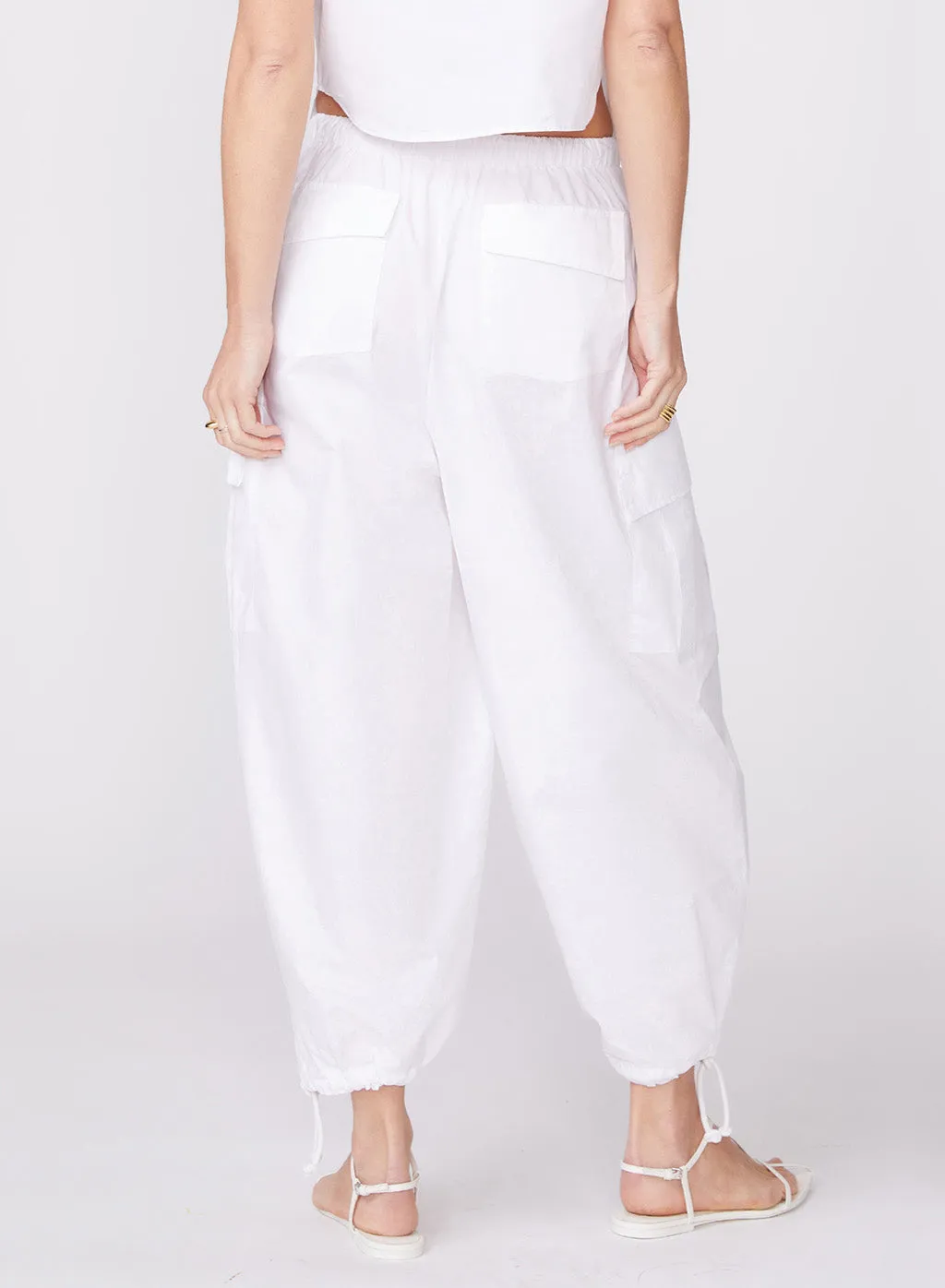 Structured Poplin Drawstring Cargo Pant in White