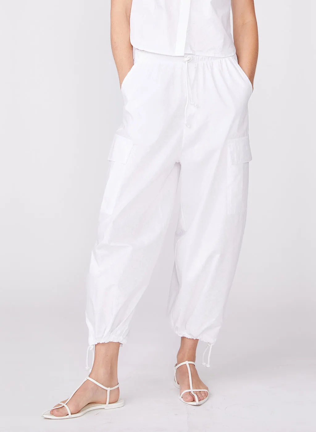 Structured Poplin Drawstring Cargo Pant in White