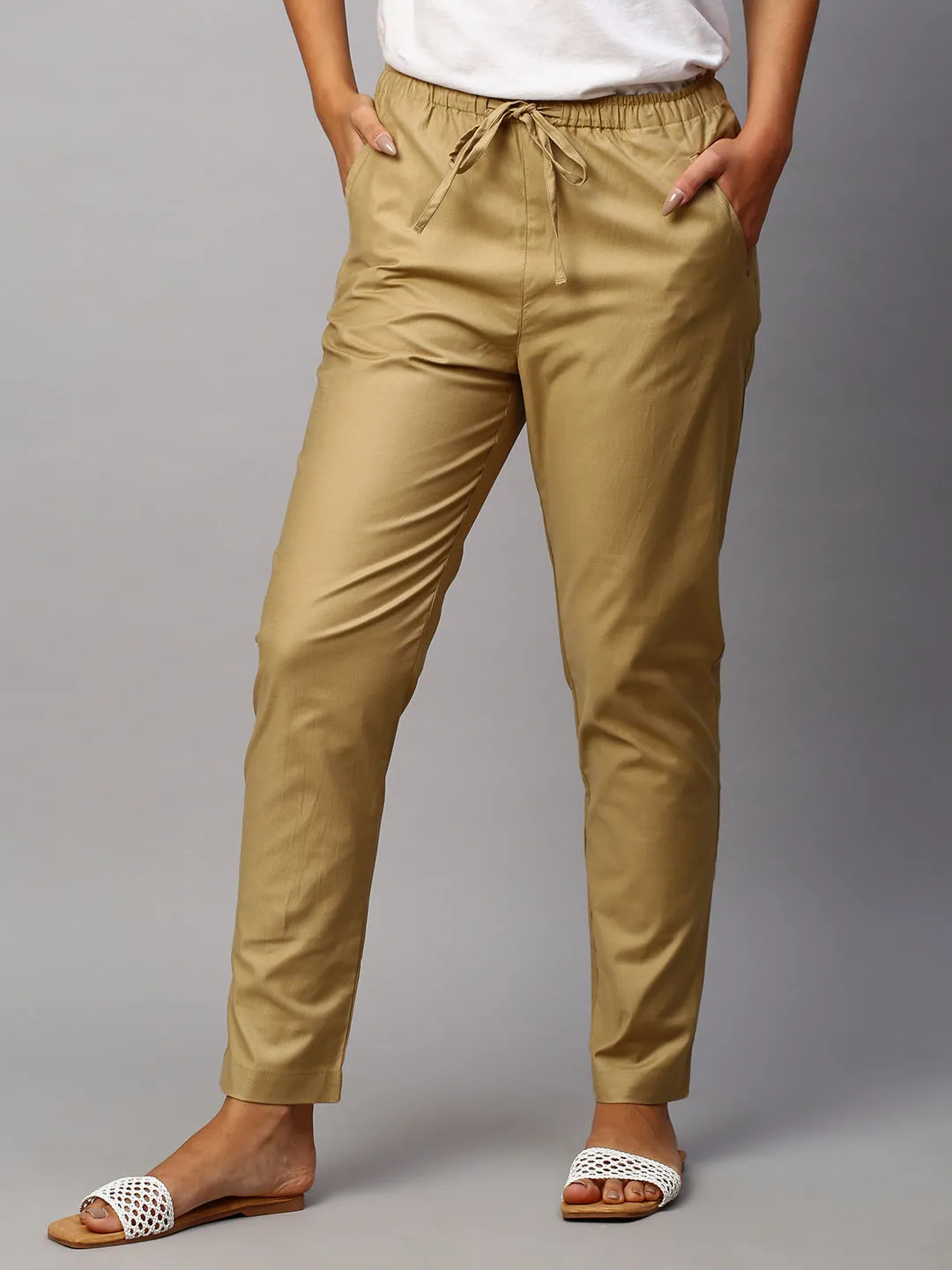 Women's Khaki Cotton Lycra Regular Fit Pant