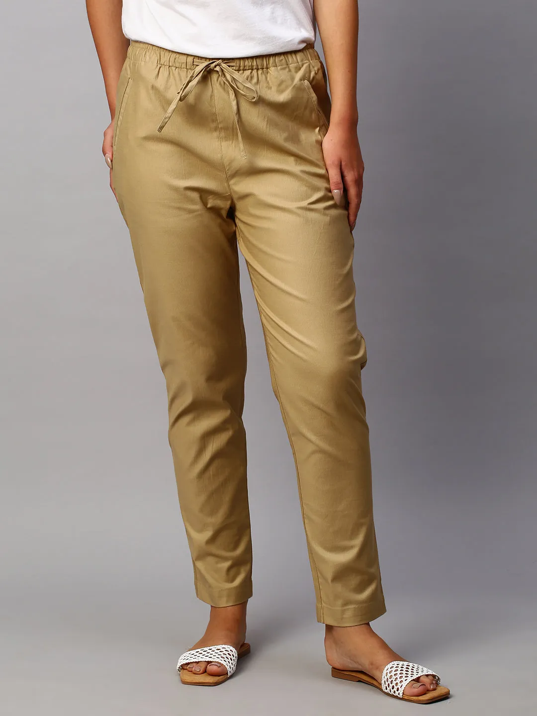 Women's Khaki Cotton Lycra Regular Fit Pant