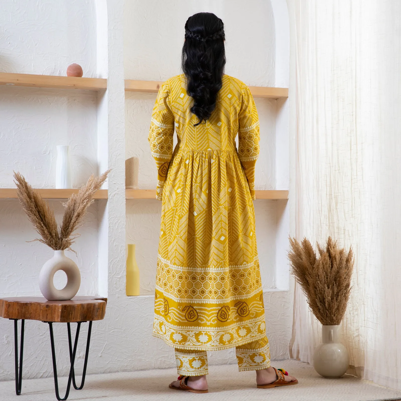 Yellow Bandhani Inspired Kurta Pant Co-ord Set for Women