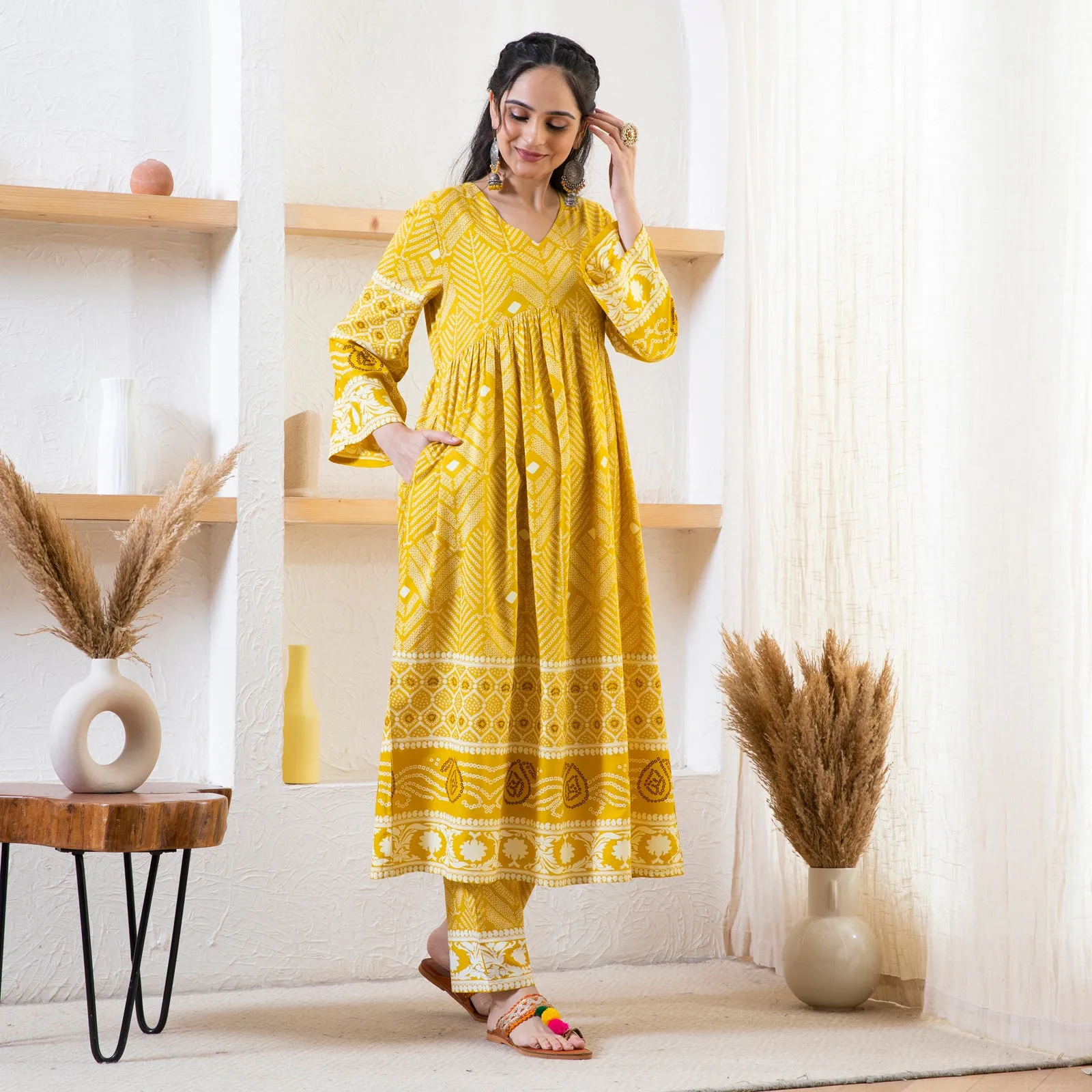 Yellow Bandhani Inspired Kurta Pant Co-ord Set for Women