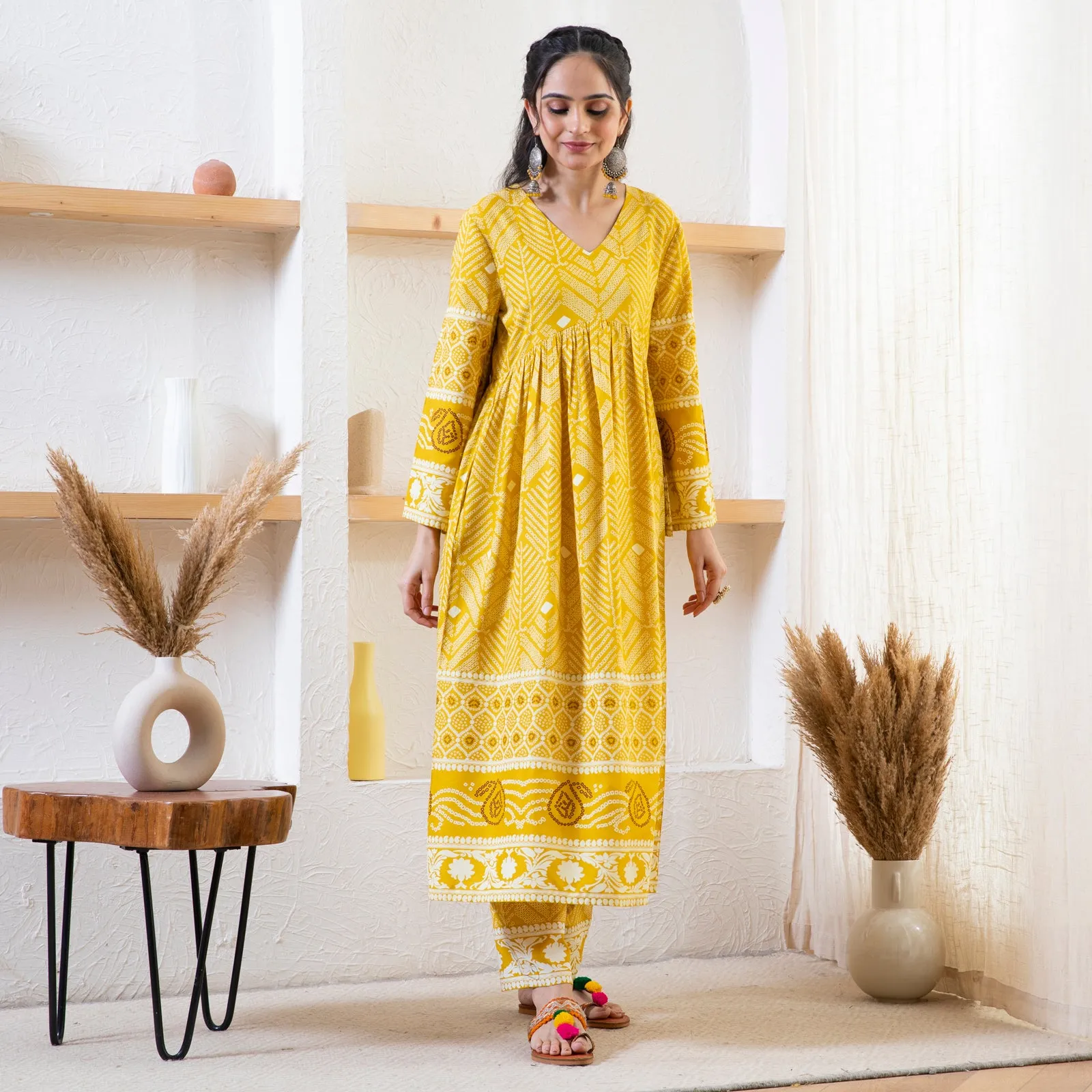 Yellow Bandhani Inspired Kurta Pant Co-ord Set for Women