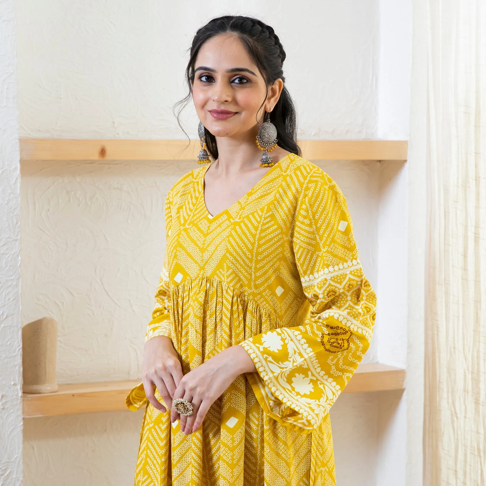 Yellow Bandhani Inspired Kurta Pant Co-ord Set for Women