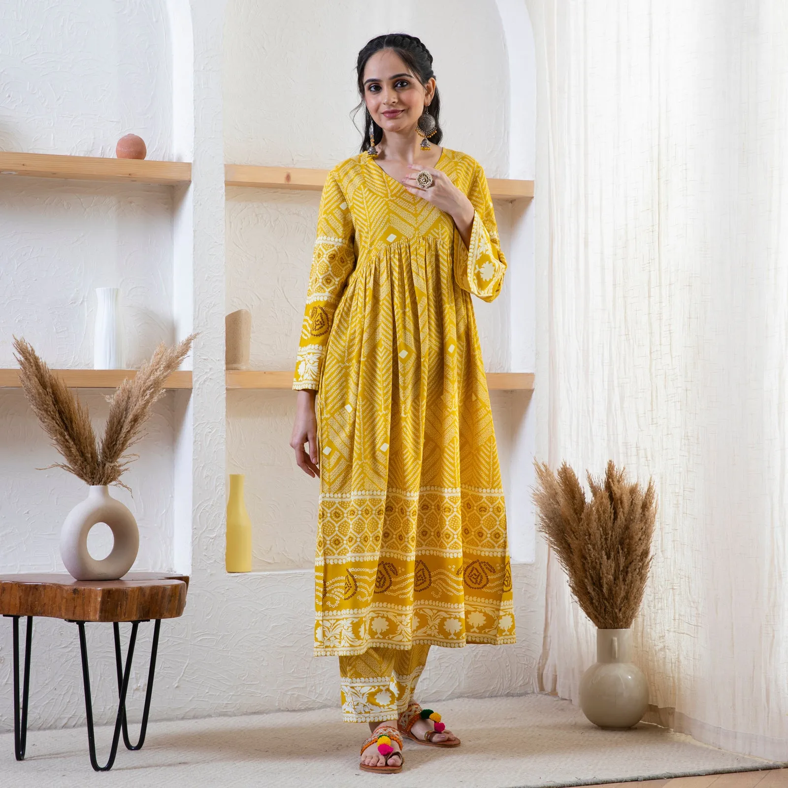 Yellow Bandhani Inspired Kurta Pant Co-ord Set for Women