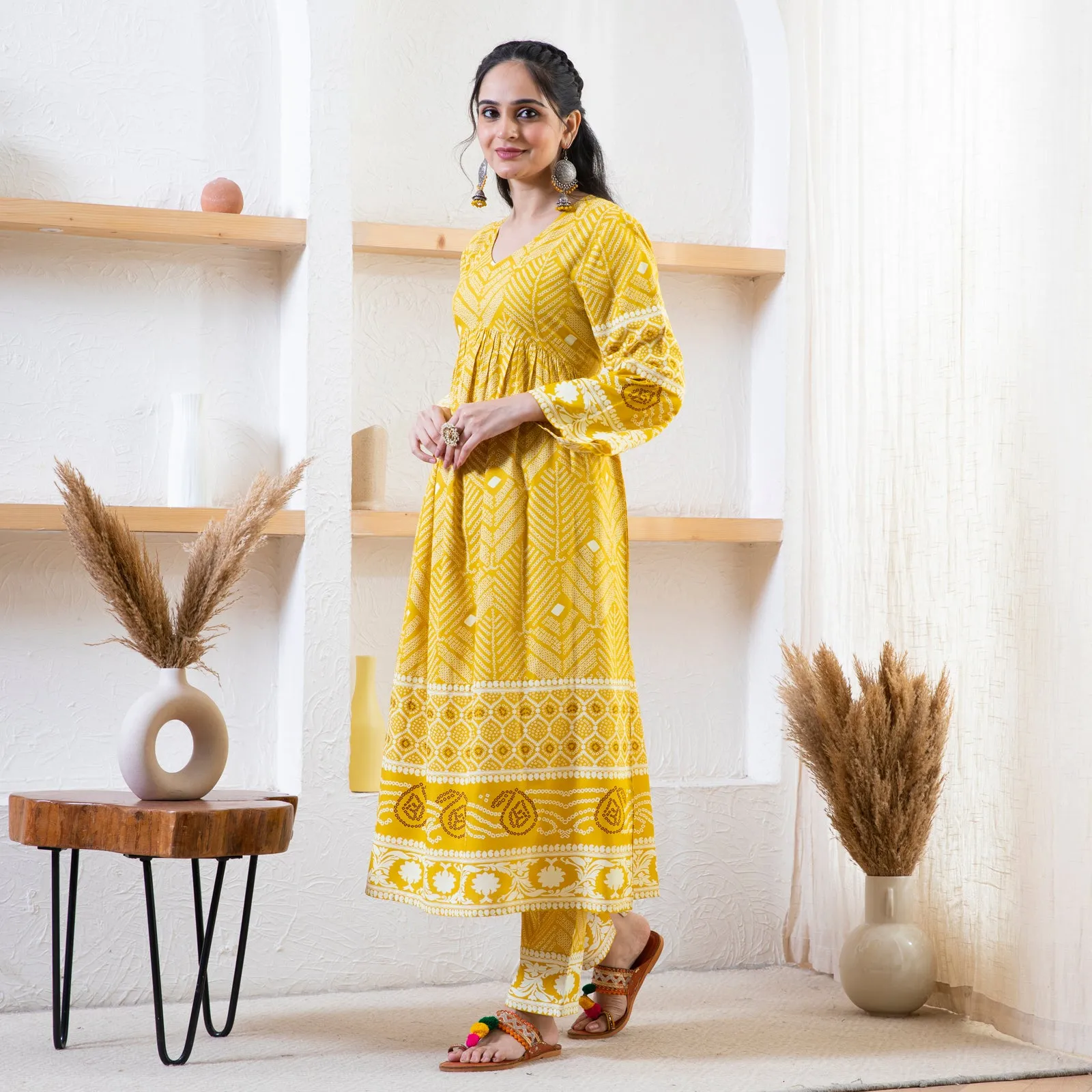 Yellow Bandhani Inspired Kurta Pant Co-ord Set for Women